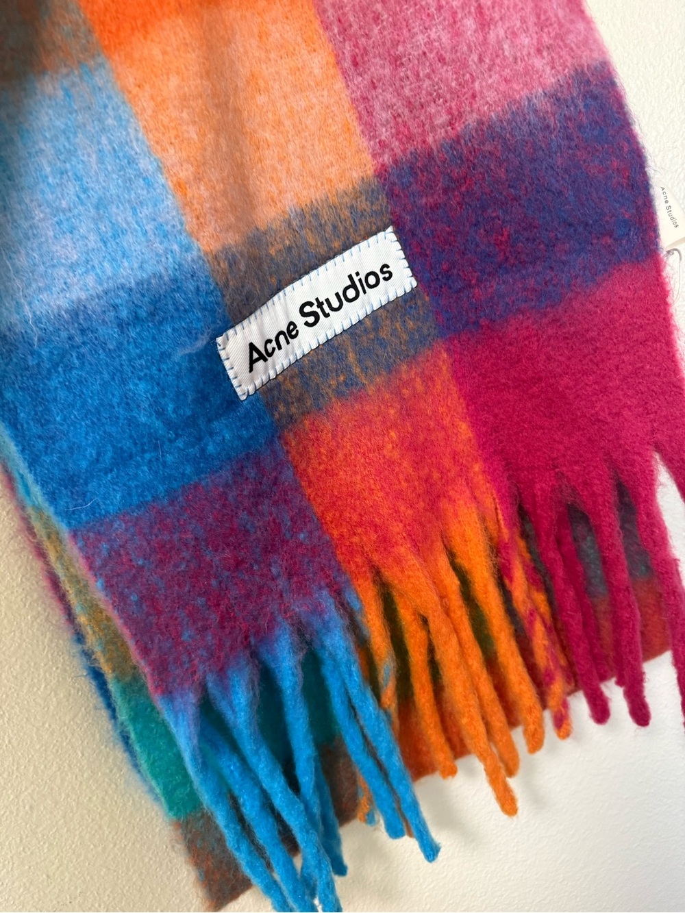 Acne multicolor check wool scarf in blue, orange, pink